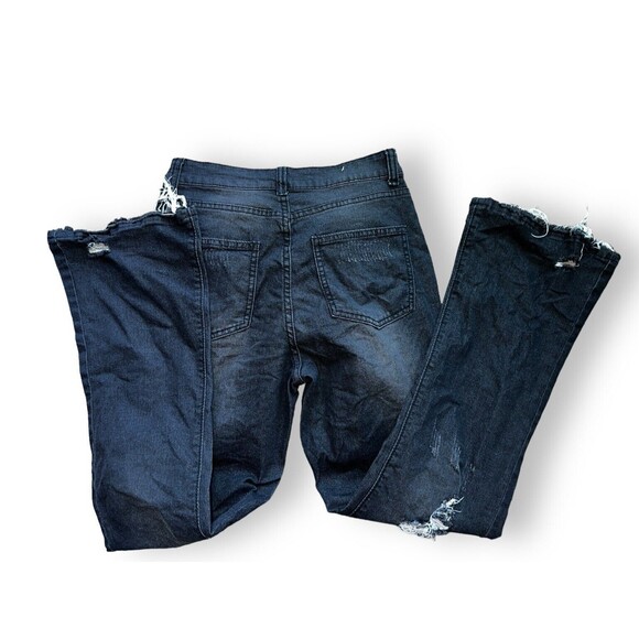 90s Grunge Distressed Black Flare Jeans Raw Hem Ripped Denim Streetwear Small - Picture 10 of 11